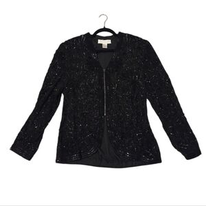 Vintage Silk Beaded Formal Evening Jacket Black W/ Zipper Large DELLA ROUFOGALI